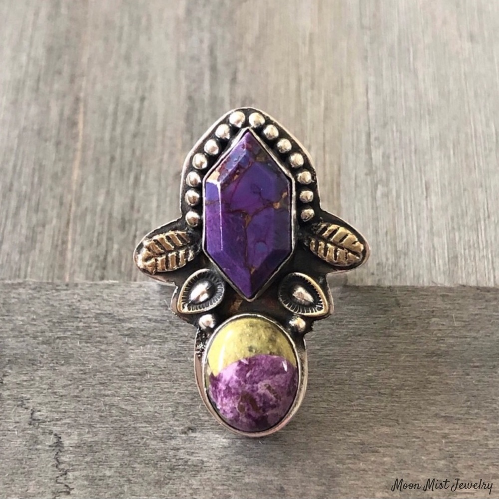 Purple copper turquoise and atlantisite ring